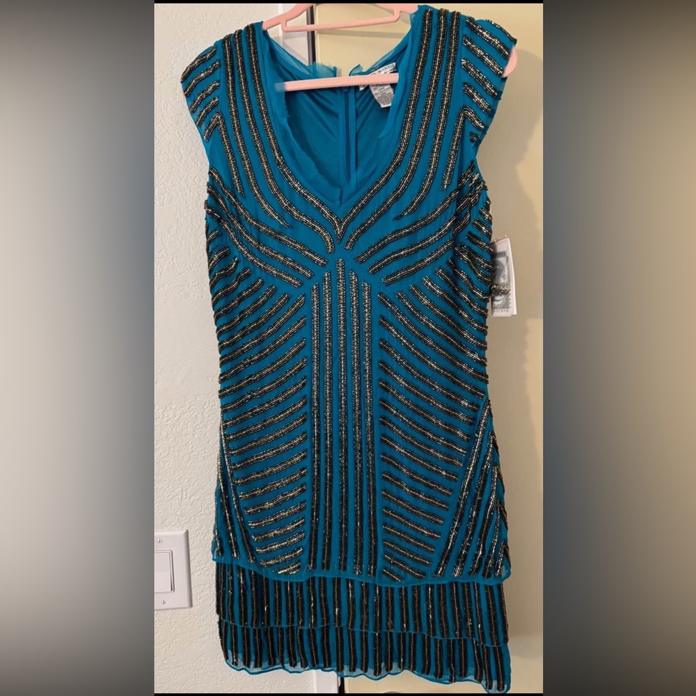 Elegant Teal and Black Beaded Dress